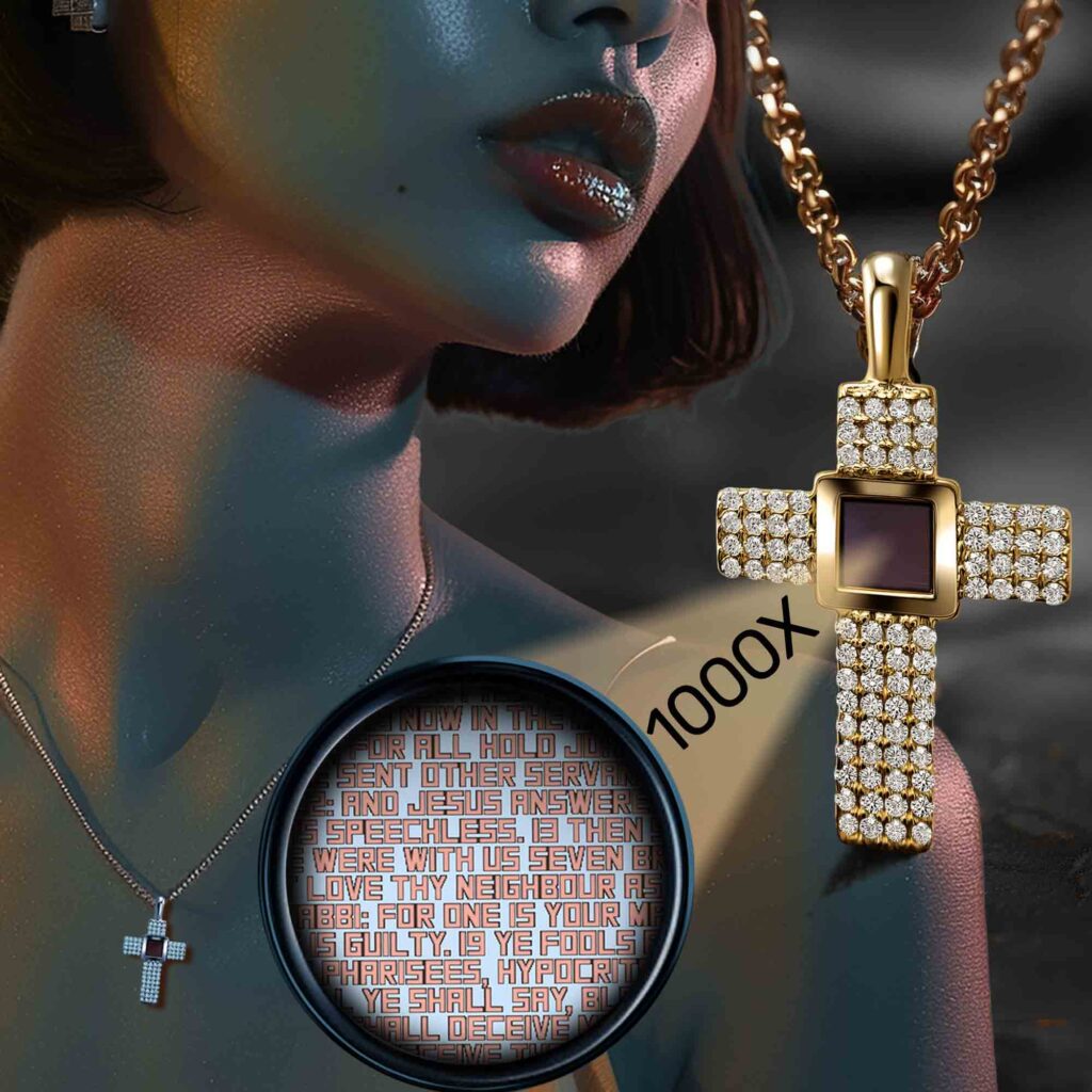 Bible Scripture Jewelry Gold Cross Pendant over Illuminated Bible Pages by My Nano Jewelry